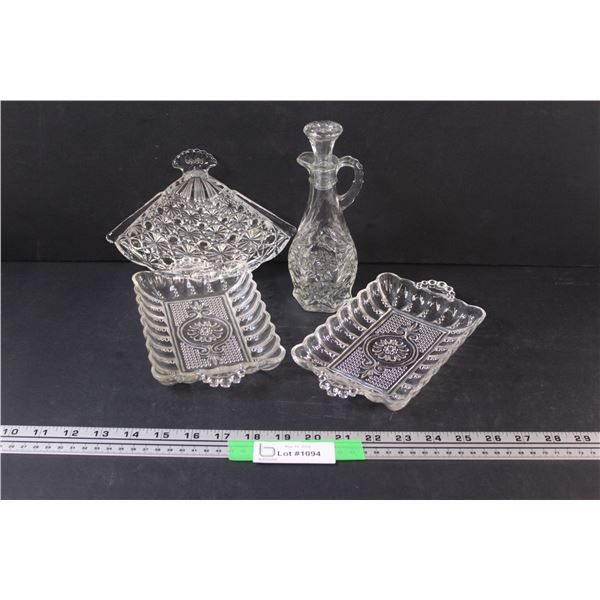 (5) 3 - Crystal D'Arques Tidbit Trays & Cruet with Stopper