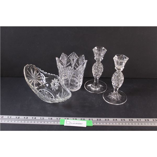 (4) Crystal D'Arques Items: Large Spooner; Gondola Dish; 2 - Candle Sticks