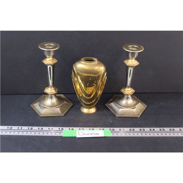 (3) Brass Vase & 2 - Metal Candle Sticks