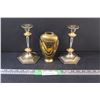 Image 1 : (3) Brass Vase & 2 - Metal Candle Sticks