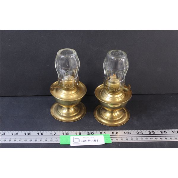 (2) Brass and Glass Miniature Oil Lamps