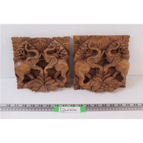 (2) Wooden Carved Elephant Wall Plaques