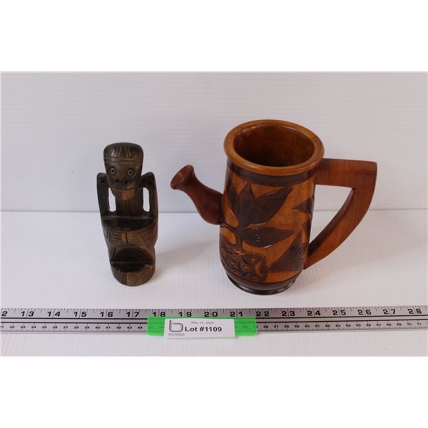 (2) Wooden Watering Pot and Wooden Figurine