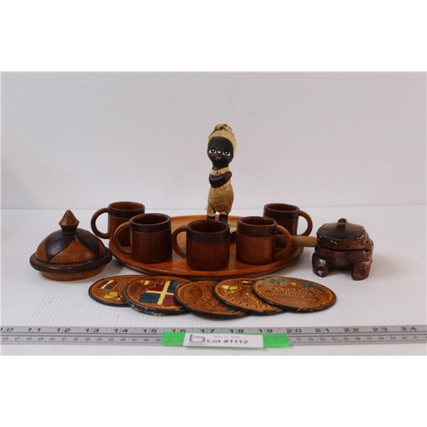 (15) Wooden Handmade Caribbean Themed: Tray & Cups; Figurine; & Misc.