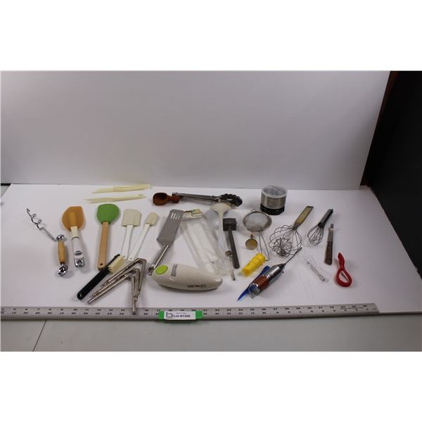 Various Kitchen Utensils - Spatulas, Peelers, Nut Crackers, Meat Tenderizer, Tongs, Whisks, Spoon, K