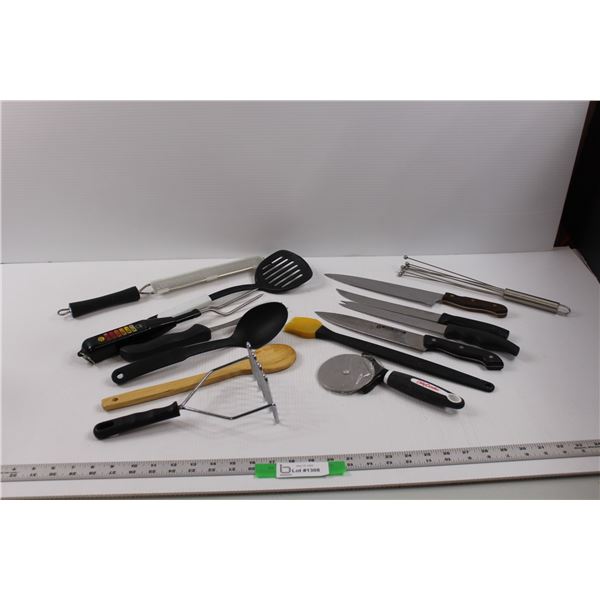 Various Kitchen Utensils - Meat Forks, Spoons, Flipper, Grader/Zester, Knives, Pizza Cutter, Masher,