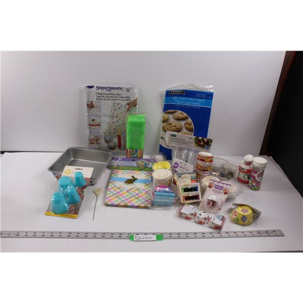 Baking Lot (New & Used) - Cake Pan, Baking Cups, Sprinkles (Opened), Parchment Paper, Sugar Sheets, 