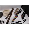 Image 2 : (4) Ladies Belts, (3) Used Hats (Size Large), Beaded Handbag w/Las Vegas Mini Flask & Thin Elastic S