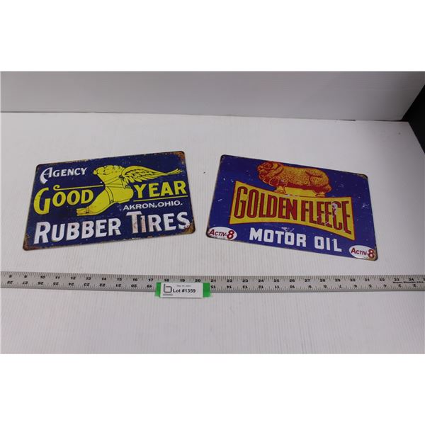 (2) Reproduction Tin Signs (11.75"x7.75") - Good-Year & Golden Fleece Motor Oil