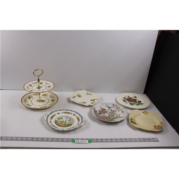 (6 pcs) China - Two Tier Dainty Tray & Plates (Royal Albert, J.G.Meaklin, Cauldon, Wood & Sons, Lanc