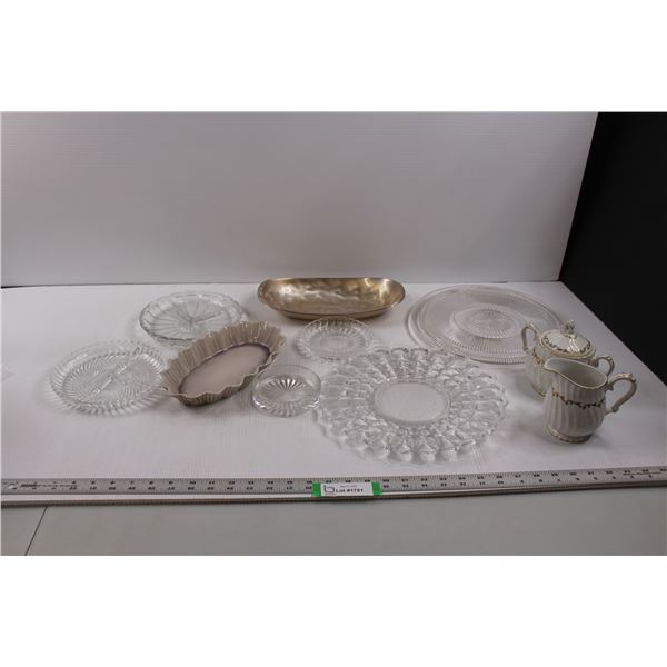 (6) Glass Serving Trays (2) Oval Tin, Ceramic Dishes & Sugar Bowl n' Cream Pitcher