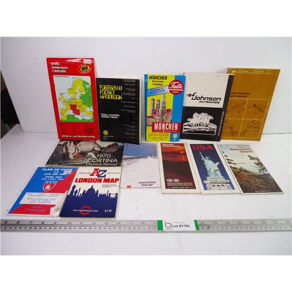 (8) Maps, Car Manual, Johnson Outboard Manual, Construction Book and Fortran IV Handbook