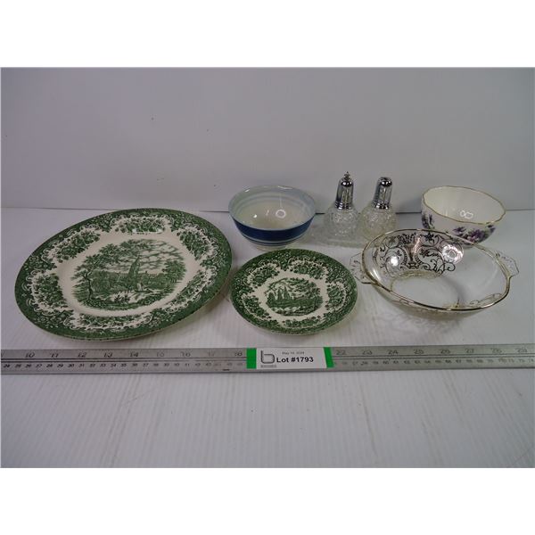 (2) Staffordshire (Plate and Saucer) Salt/Peppers,(3) Assorted Bowls/Dish