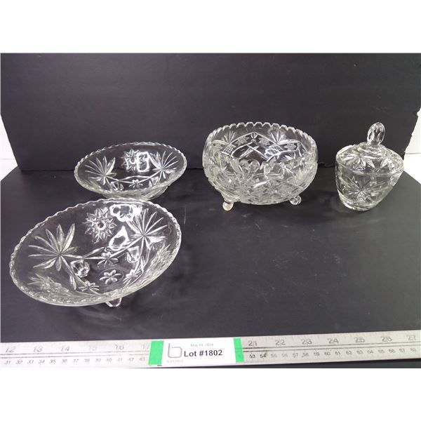 Crystal Footed Fruit Bowl, Cut Glass Sugar Bowl and (2) Clear Glass Bowls