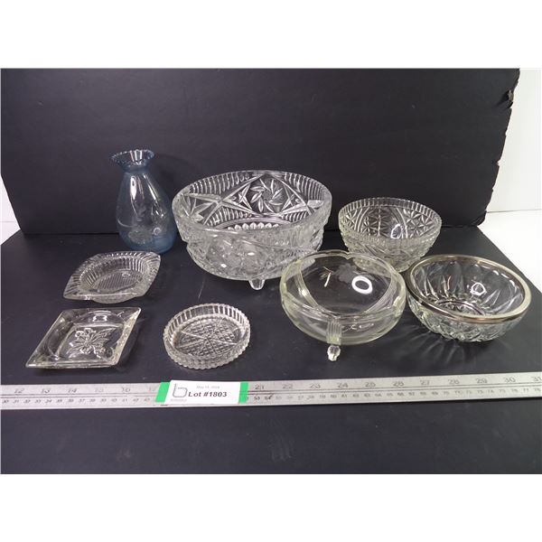 (2)Crystal Footed Fruit Bowl,(3) Glass Candy Dishes,(2) Ashtrays, Vase and Trinket Dish