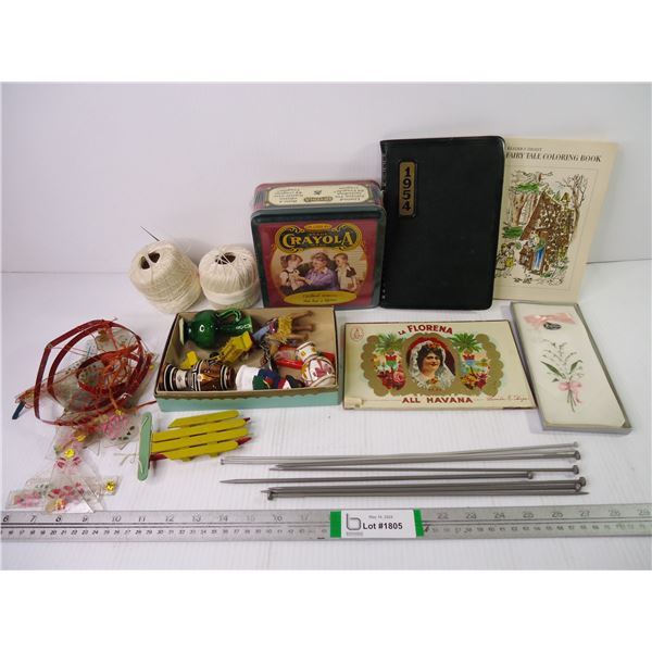 Tin of Crayons,1954 Daily Diary, Box of Ornaments,(2) Rolls of Thin Yarn,(8) Knitting Needles and mi