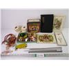 Image 1 : Tin of Crayons,1954 Daily Diary, Box of Ornaments,(2) Rolls of Thin Yarn,(8) Knitting Needles and mi