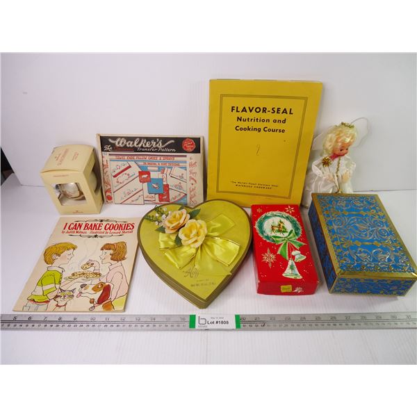 Lot of Misc.-Patterns, Christmas Ornament, Empty Tin, Box, Doll Books