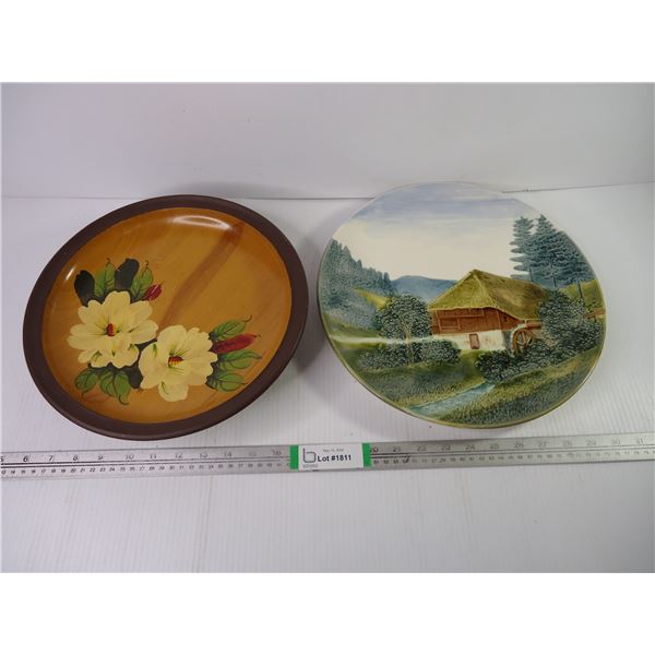 Vintage Collector Plate from Germany and Wooden Bowl Platter Hand Painted