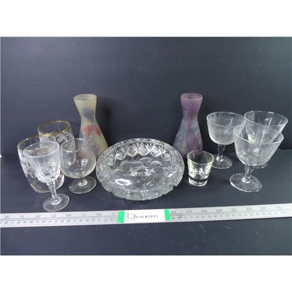 Cystal Glass Ashtray and several pieces of assorted Glassware and (2) Small Vases