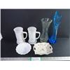 Image 1 : (2) Vintage Beer Steins, Vintage Blue Swung Vase, Glass Vase and (2) Trinket Dishes