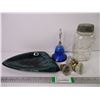 Image 1 : Blue Mountain Ashtray, Vintage Drey Square Mason Jar,(3) Vintage Glass Door Knobs and Bell Ornament