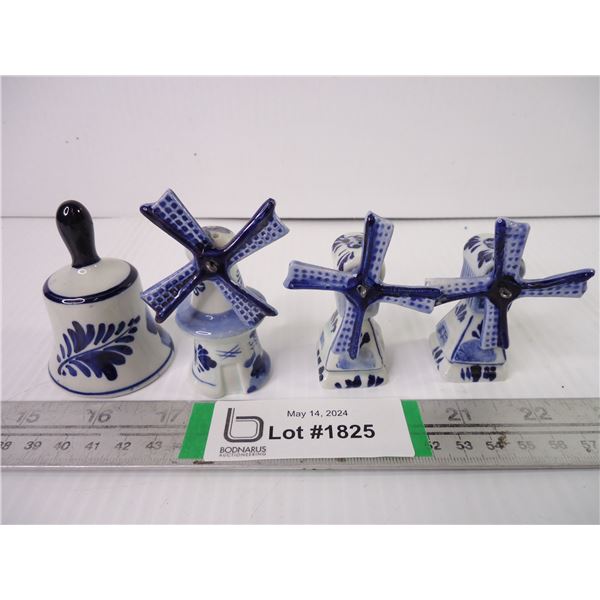 (4) Delft Pieces- (3) Windmill Salt/Pepper and (1) Bell