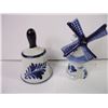 Image 4 : (4) Delft Pieces- (3) Windmill Salt/Pepper and (1) Bell