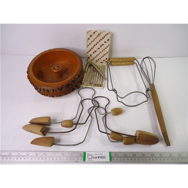 (4) Vintage Shoe Stretchers, Jar Lifter, Whisk, Wooden Nut Bowl with Picks and Nut Cracker