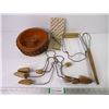 Image 1 : (4) Vintage Shoe Stretchers, Jar Lifter, Whisk, Wooden Nut Bowl with Picks and Nut Cracker