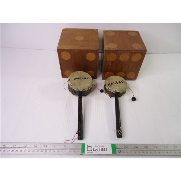 Pair of Wooden Dice and Pair of Spinning Hand Drums from Nassau