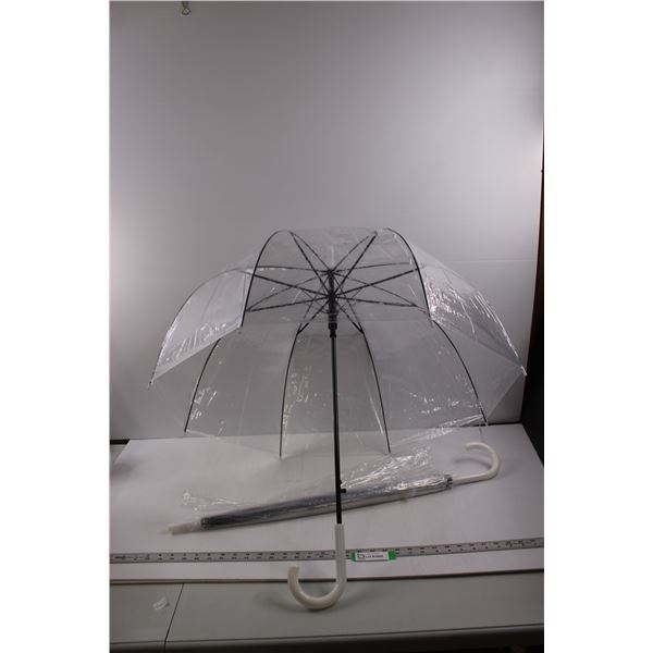 (2) Clear Poly Umbrellas w/Spring Assist Push Button Opening - New in Package (28" Width, 34" Long)