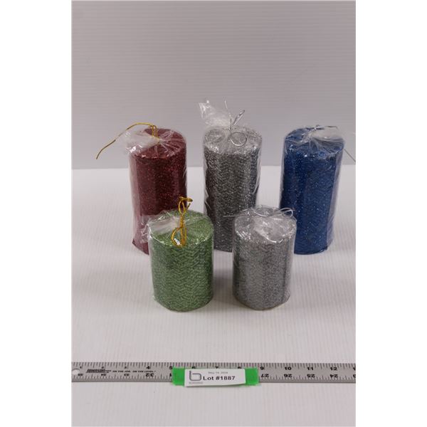 (5) Glittery Woven Pillar Candles - (2) 3x4"Green & Silver, (3) 3x6" Red, Silver & Blue