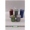 Image 1 : (5) Glittery Woven Pillar Candles - (2) 3x4"Green & Silver, (3) 3x6" Red, Silver & Blue