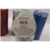 Image 2 : (5) Glittery Woven Pillar Candles - (2) 3x4"Green & Silver, (3) 3x6" Red, Silver & Blue