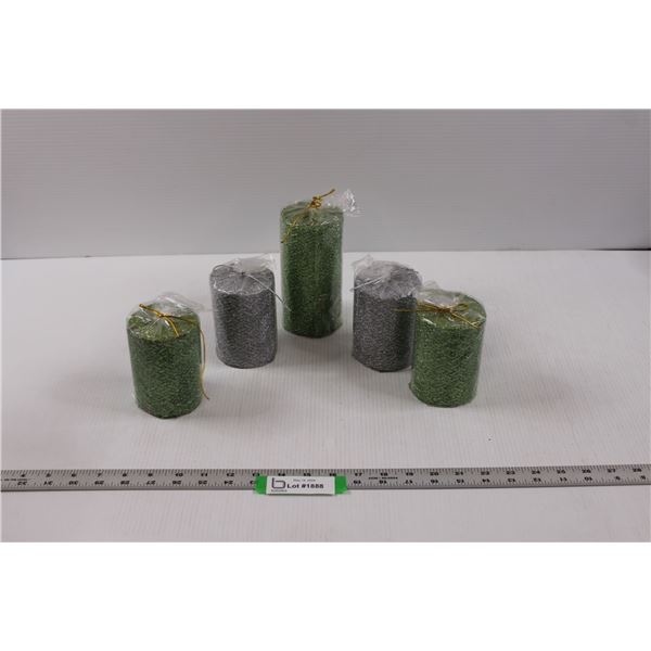 (5) Glittery Woven Pillar Candles - (4) 3x4"Green & Silver, (1) 3x6" Green