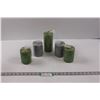 Image 1 : (5) Glittery Woven Pillar Candles - (4) 3x4"Green & Silver, (1) 3x6" Green