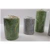 Image 2 : (5) Glittery Woven Pillar Candles - (4) 3x4"Green & Silver, (1) 3x6" Green