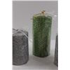 Image 3 : (5) Glittery Woven Pillar Candles - (4) 3x4"Green & Silver, (1) 3x6" Green