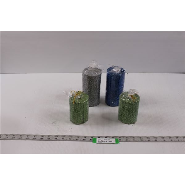 (4) Glittery Woven Pillar Candles - (2) 3x4 Green, (2) 3x6  Silver & Blue