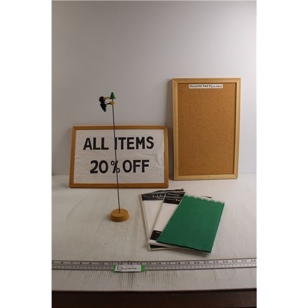 (2) Corkboards, Plastic Tablecloths, Bird Toy