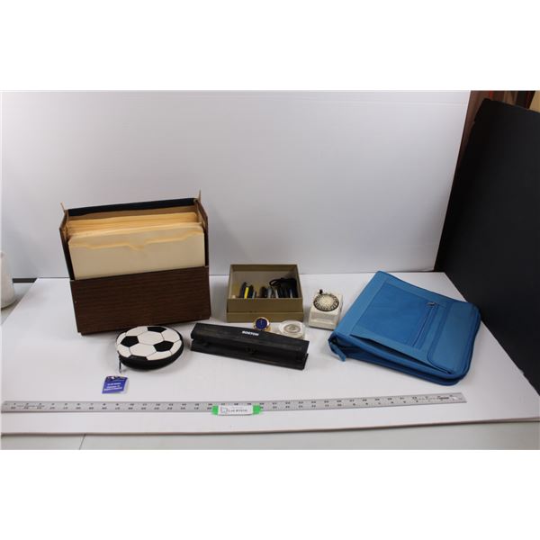 Office Supplies - File Folder Box w/Folders, Various Pens, 3-Hole Punch, Binder, Timer, Soccer CD Ca