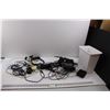 Image 1 : Various Electronics Cables,(2) Wired Mouse, Power Bar, A/C Adapters, Small Waste Bin etc.