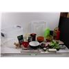 Image 1 : Various Household/Kitchen Items w/Small Tote and Lid - Vintage Tupperware, Enameled Bowls, Travel Mu