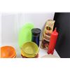 Image 4 : Various Household/Kitchen Items w/Small Tote and Lid - Vintage Tupperware, Enameled Bowls, Travel Mu