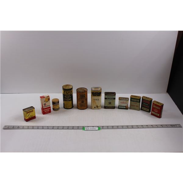 (11) Vintage Household Items - Spice Tins w/Spice, Cleaning (Watkins, Nabob, Seneca, Empress, Zud, R