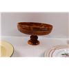 Image 2 : (4 pcs) Plates, Enameled Bowl, Hand Made Wooden Pedestal Bowl etc.