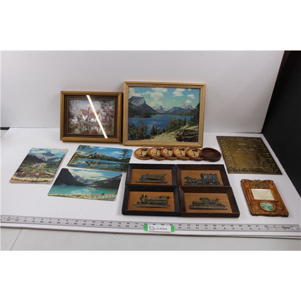 (3) Vintage Banff Post Cards, (6) Coasters, (4) Transportation Wall Plaques, (2) Framed Pieces of Ar