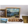 Image 4 : (3) Vintage Banff Post Cards, (6) Coasters, (4) Transportation Wall Plaques, (2) Framed Pieces of Ar