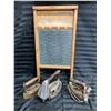 Image 1 : GLASS AND WOOD VINTAGE WASHBOARD AND SAD IRONS